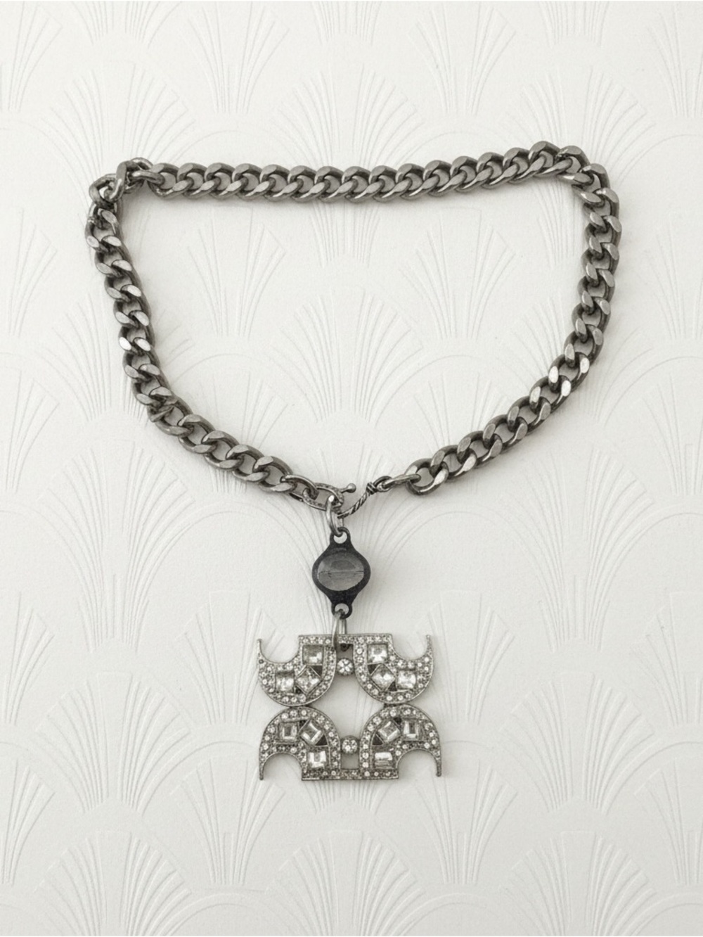 Vintage Grunge Art Deco Assemblage Necklace, Rhinestone Pendant Cuban Chain